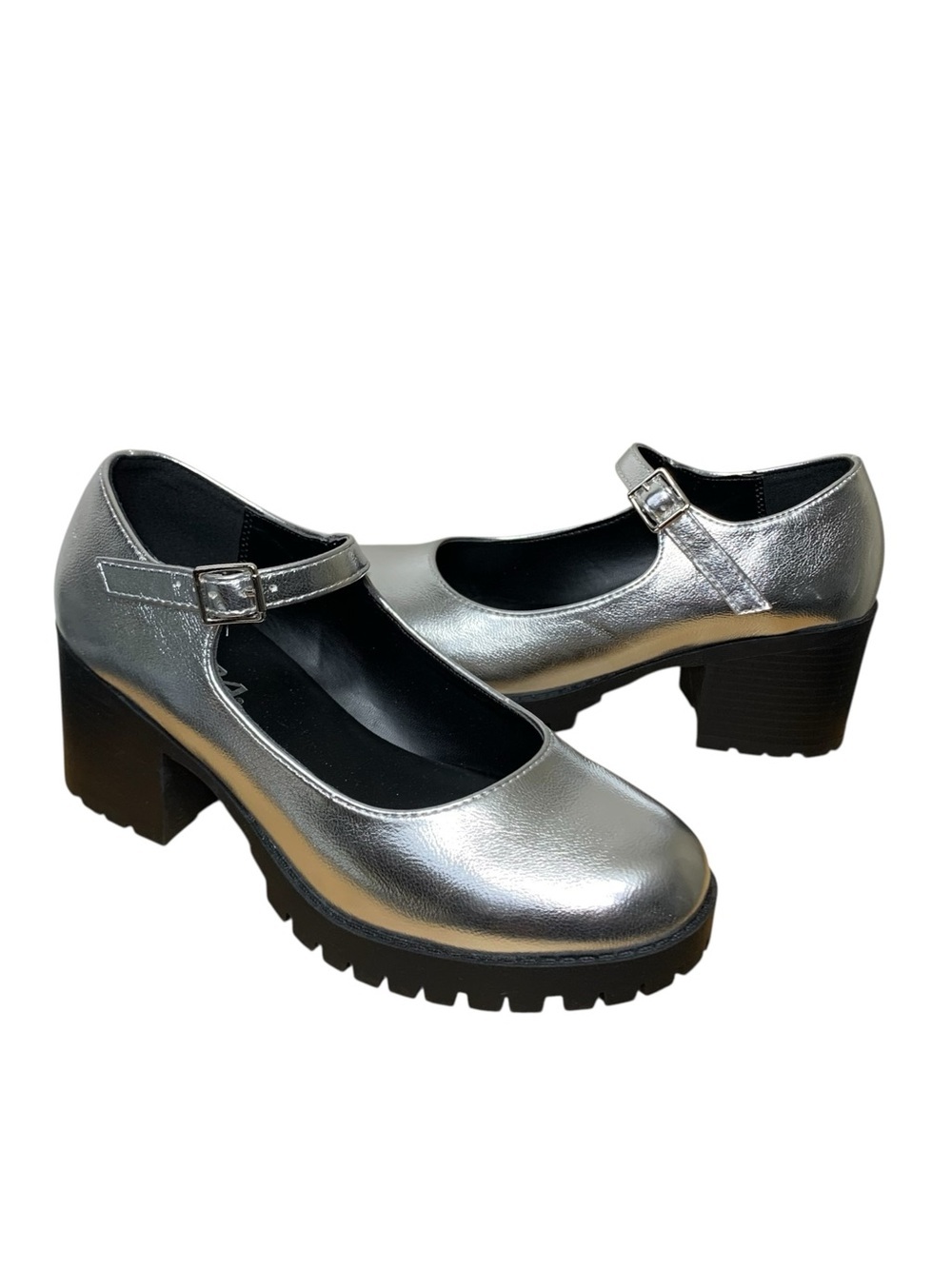 Soda Metallic Silver Chunky Mary Jane Block Heel Pumps 8 Bold Retro Style Shoes
